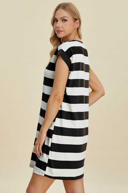 Basic Bae Full Size Striped Round Neck Cap Sleeve Mini Dress