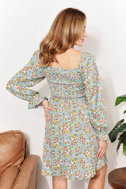 Floral Smocked Flounce Sleeve Square Neck Dress