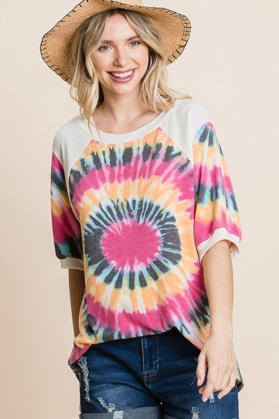 French Terry Tie Dye Printed Casual Mini Bubble Sleeves Tunic Top