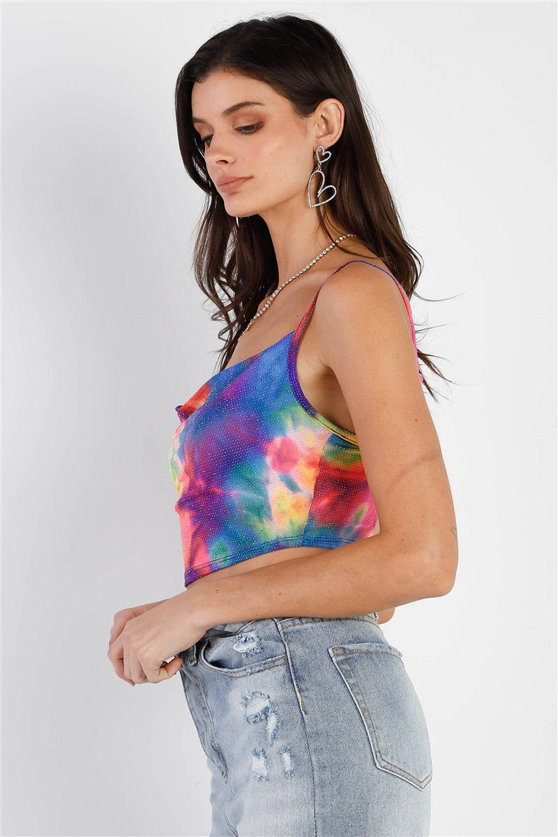 Multi Color Neon Tie-dye Lurex Cowl Neck Sleeveless Crop Top