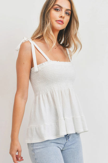 Smocking Bust With Self Tie Straps Sleeveless Waffle Top