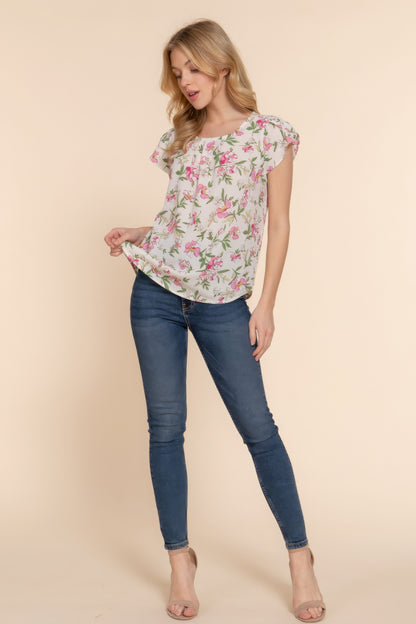 Short Tulip Slv Floral Print Woven Top