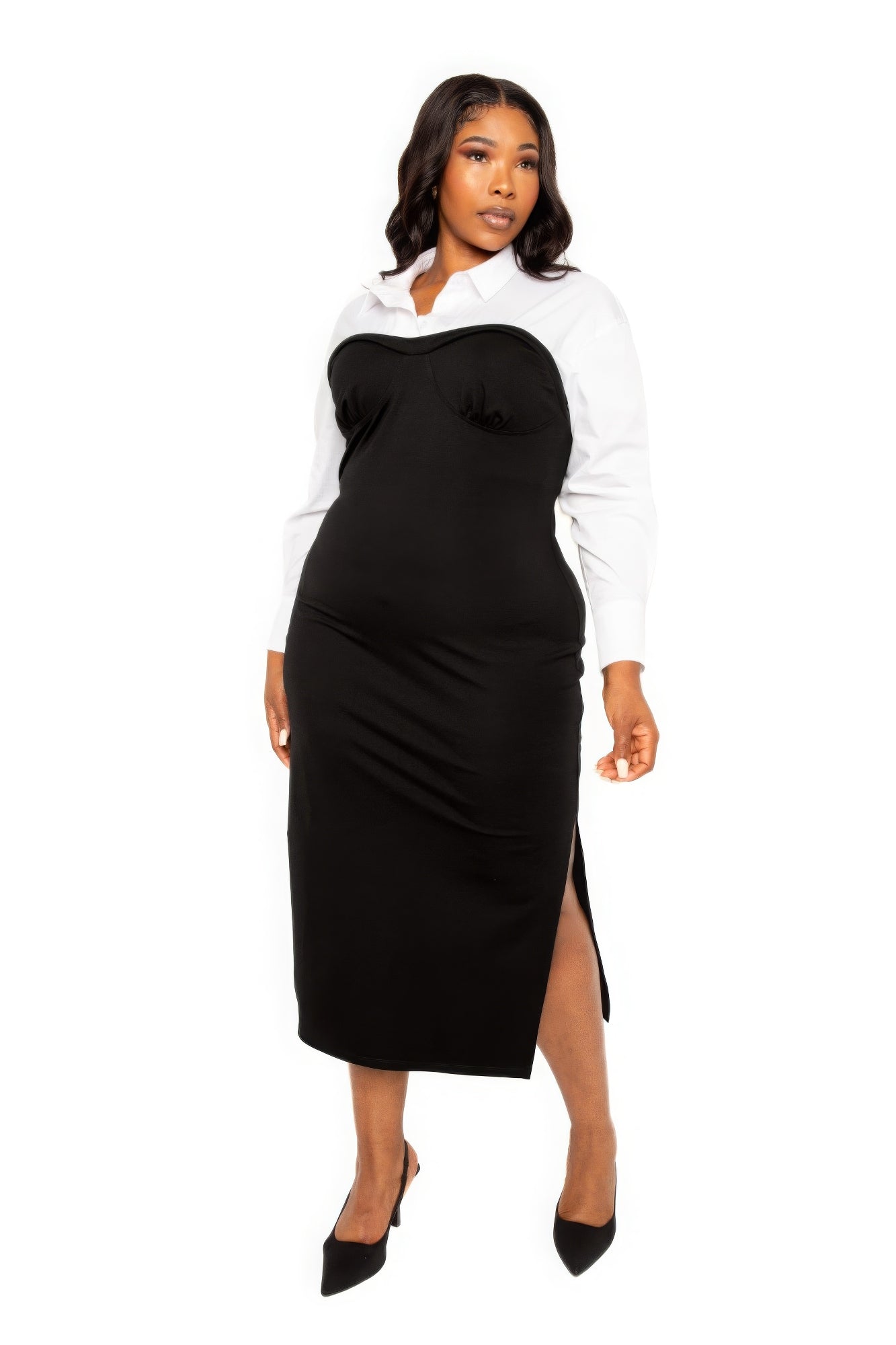 Collared Shirt Bodycon Midi Dress With Side Slit