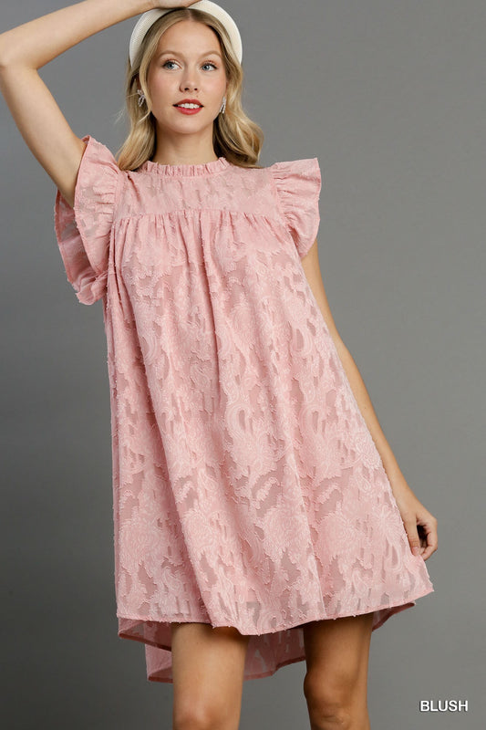 Jacquard Lace Ruffle Short Sleeve Dress With Back Button Keyhole