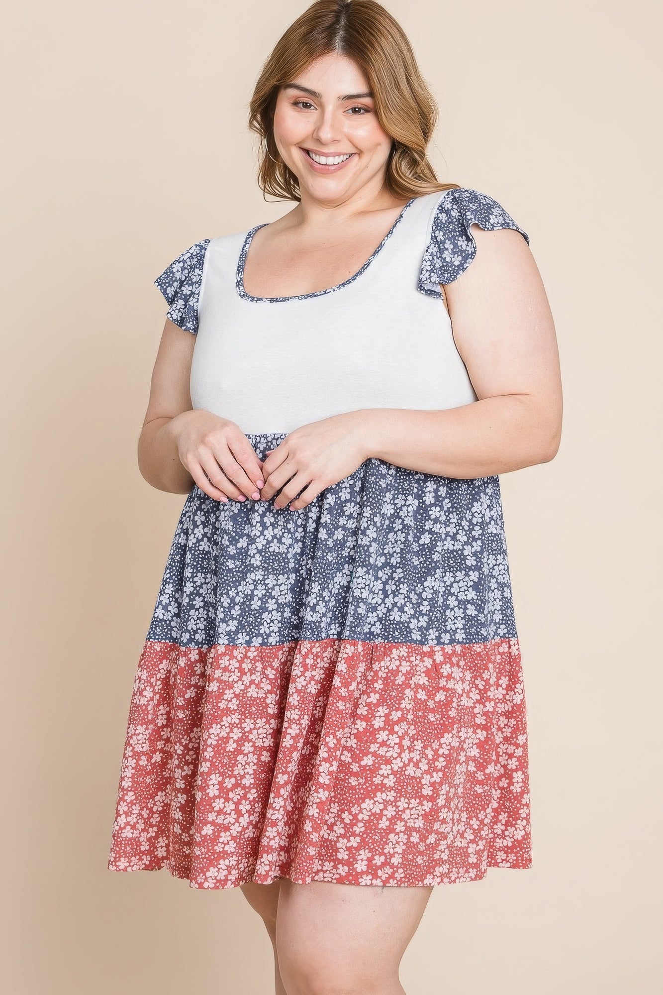 Plus Size Floral Color Block Contrast Tiered Babydoll Dress