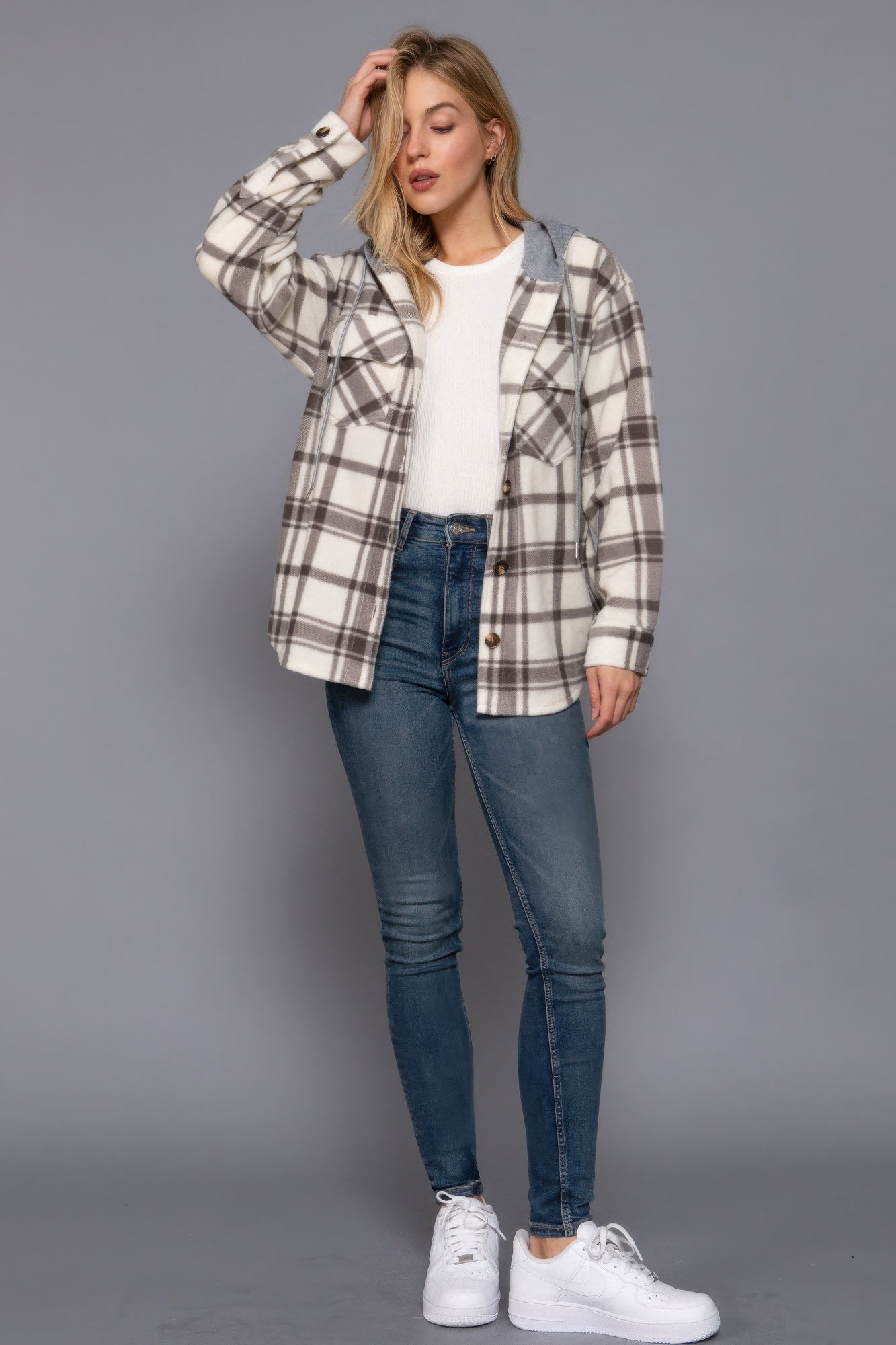 Plaid Print Hoodie Fleece Jacket